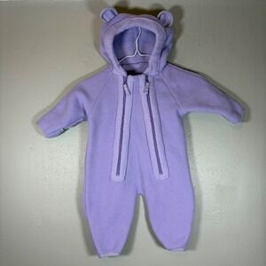 LL Bean Infants Hi-Pile Fleece Bunting Purple Bear Ears Hooded Suit 3-6 Months